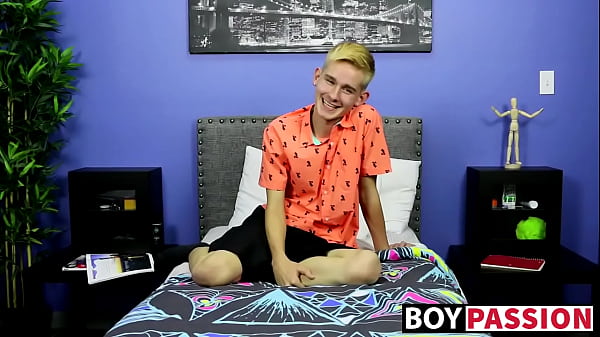 Skinny little twink with big fat dick tugs after interview