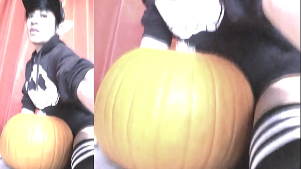 SFW Jon Arteen sexy twink emo femboy carves a Halloween pumpkin in his underwear Jack-o'_-Lantern