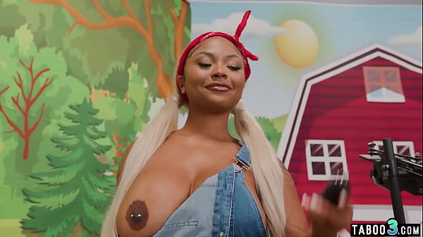 Big boobed ebony farmgirl Eva Maxim milking and fucking two tranny dicks